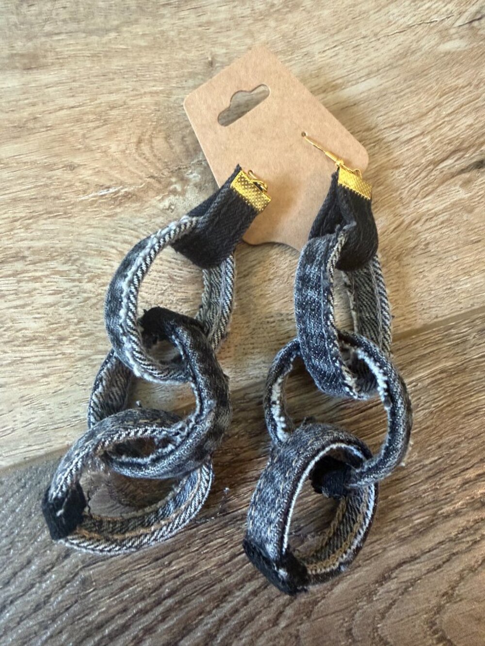 Handmade Denim Hoop Earrings with Gold Accents - Black